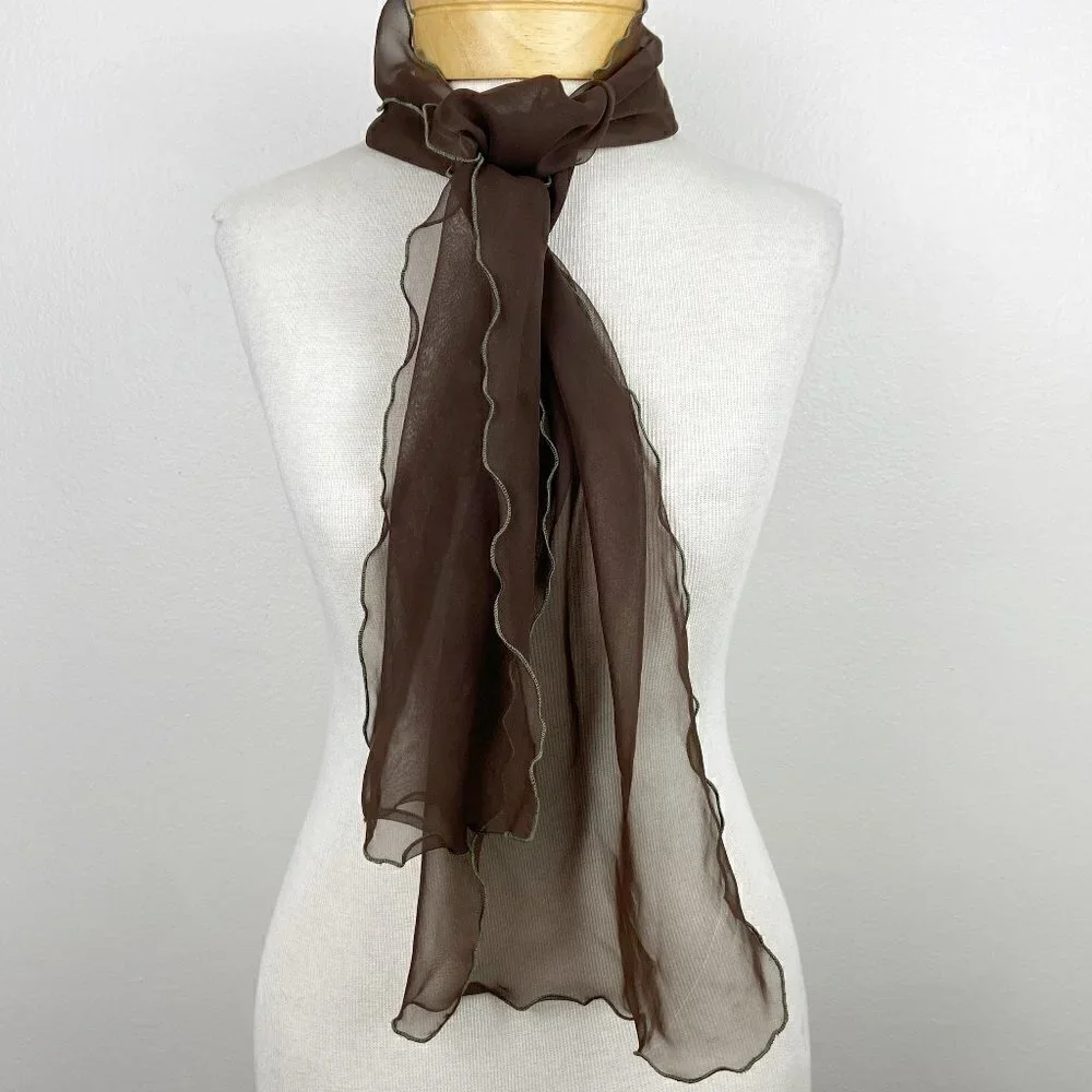 VINTAGE | Long Sheer Brown Scarf w/Green Stitched Edge
